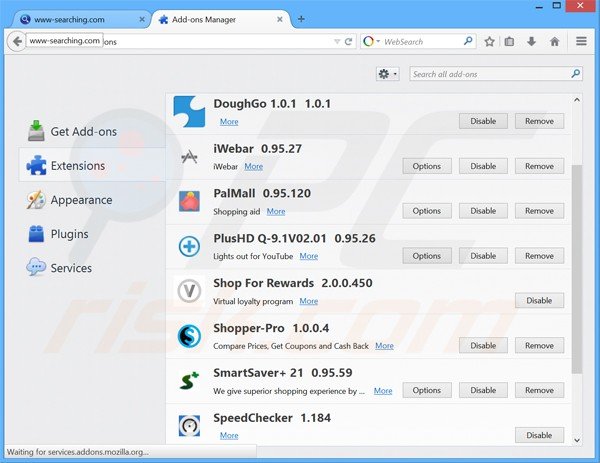 Eliminando www-searching.com de las extensiones de Mozilla Firefox