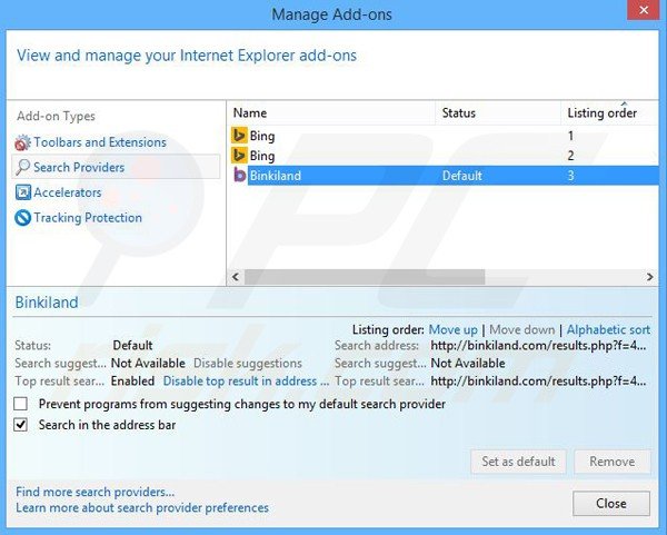 Eliminar binkiland.com del motor de búsqueda por defecto de Internet Explorer