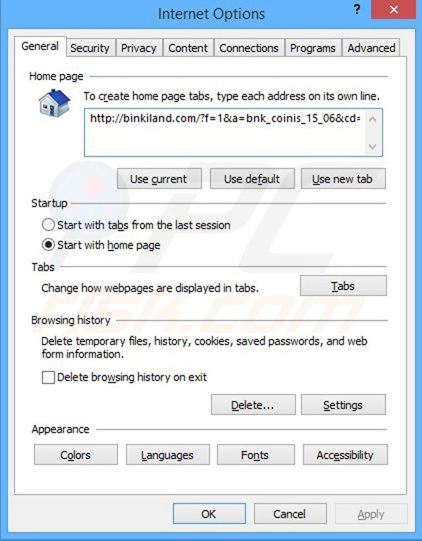 Eliminando binkiland.com de la página de inicio de Internet Explorer