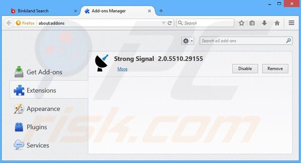 Eliminando binkiland.com de las extensiones de Mozilla Firefox