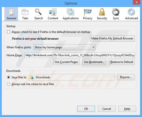 Eliminando binkiland.com de la página de inicio de Mozilla Firefox