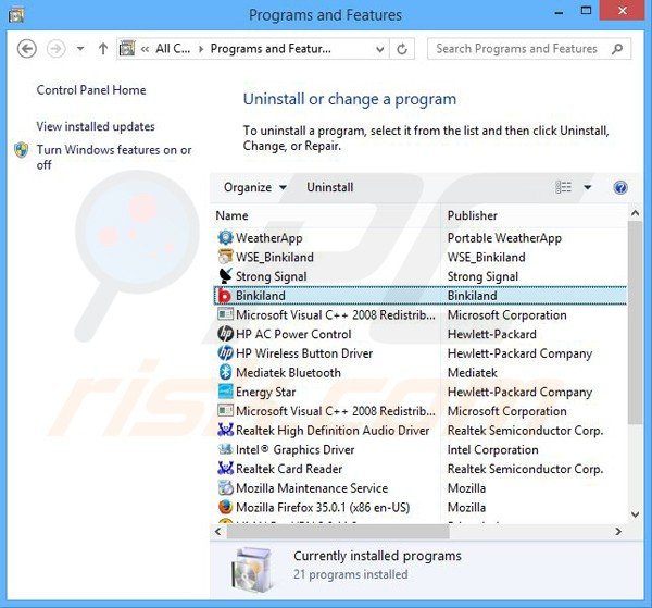 desinstalar el secuestrador de navegadores binkiland.com desde el Panel de control