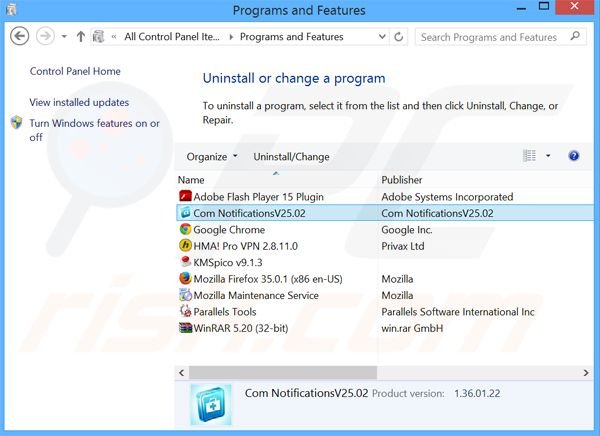 desinstalar el adware Com Notification del Panel de control