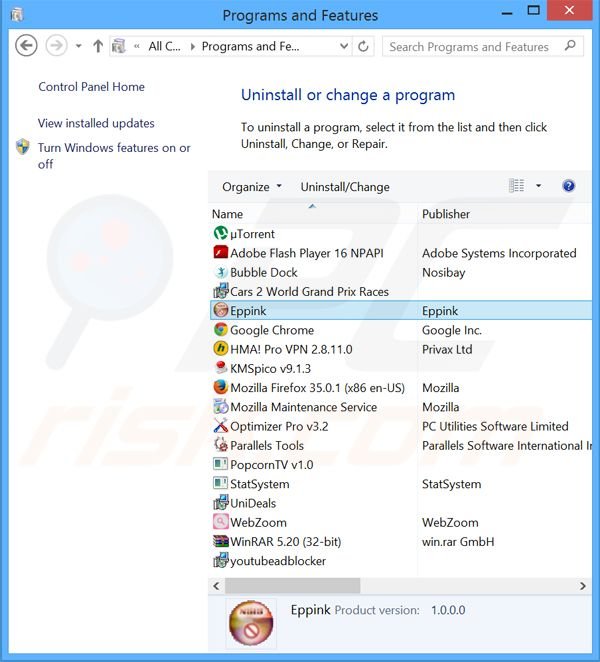 desinstalar el adware Eppink del Panel de control