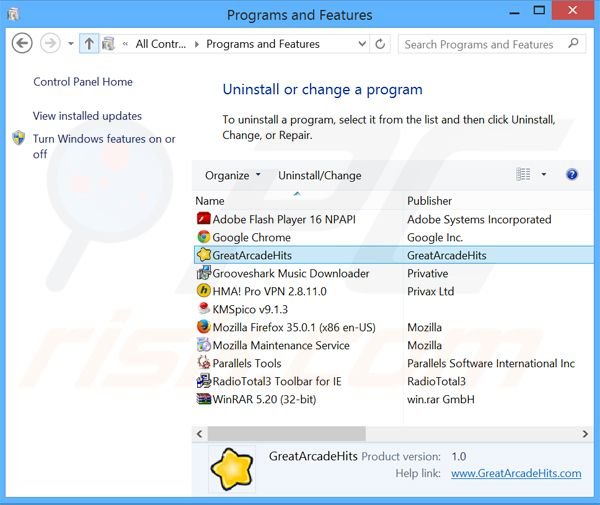 desinstalar el adware GreatArcadeHits del Panel de control