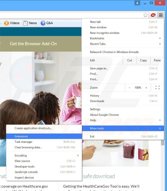 Eliminando los anuncios de Healthcare Gov Tool de Google Chrome paso 1