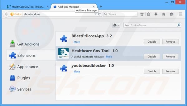 Eliminando los anuncios de Healthcare Gov Tool de Mozilla Firefox paso 2