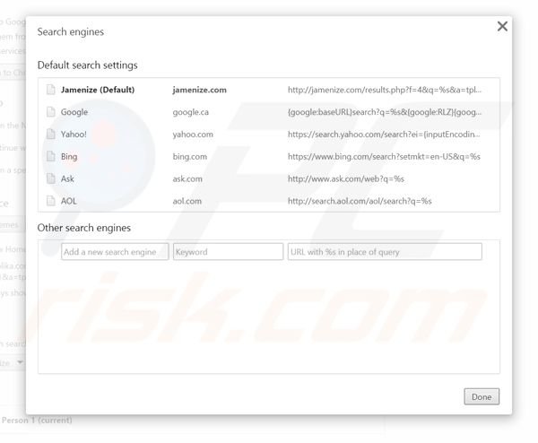 Eliminando jamenize.com del motor de búsqueda por defecto de Google Chrome