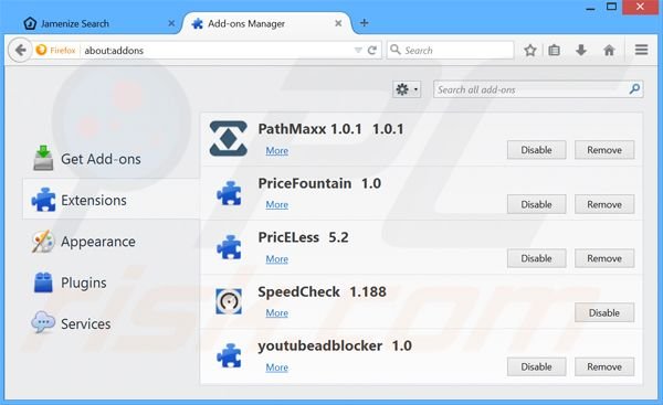 Eliminando jamenize.com de las extensiones de Mozilla Firefox