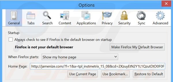 Eliminando jamenize.com de la página de inicio de Mozilla Firefox