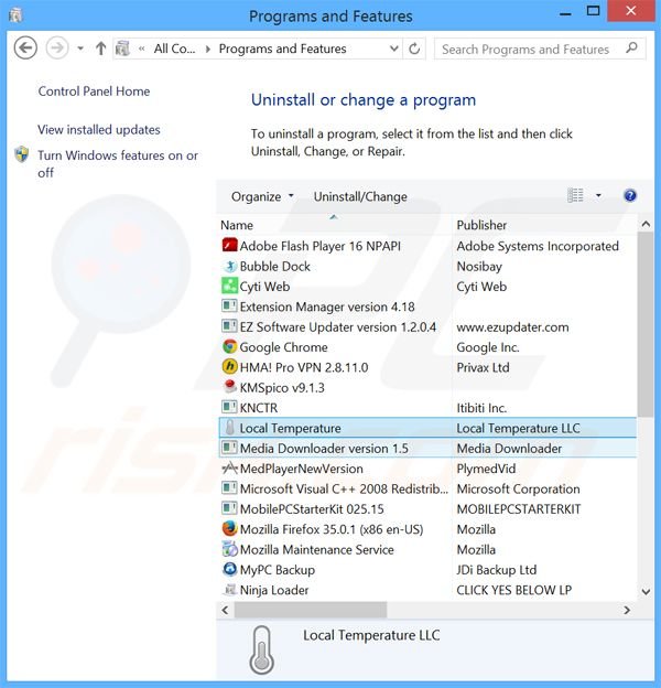 desinstalar Local Temperature del Panel de control