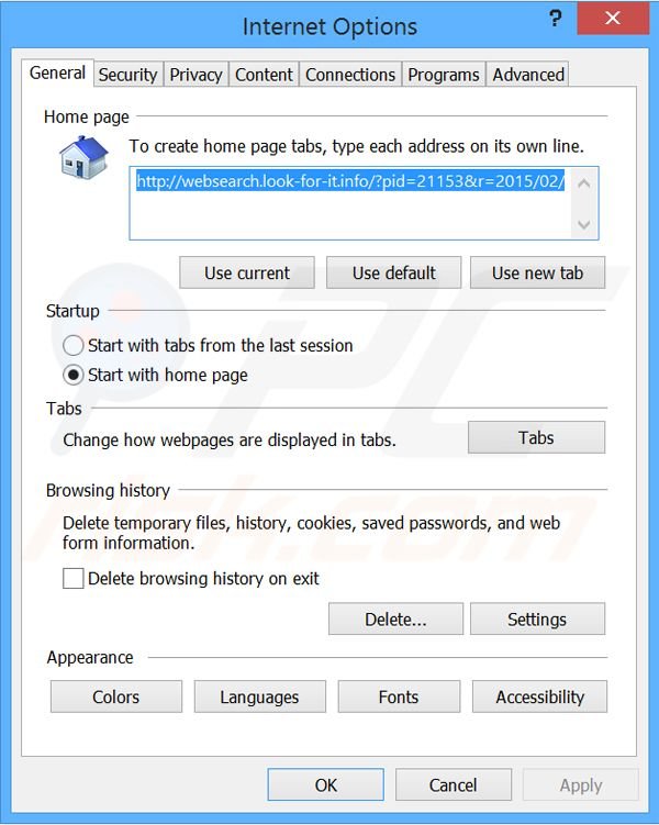 Eliminando websearch.look-for-it.info de la página de inicio de Internet Explorer