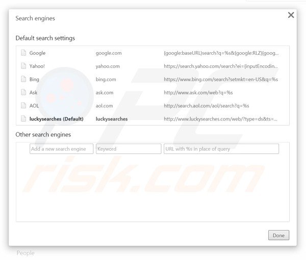 Eliminando luckysearches.com del motor de búsqueda por defecto de Google Chrome