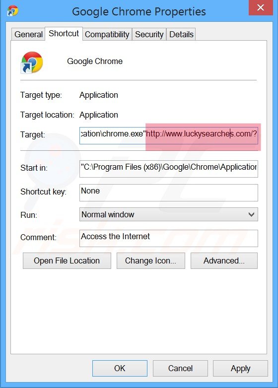 Eliminar luckysearches.com del destino del acceso directo de Google Chrome paso 2