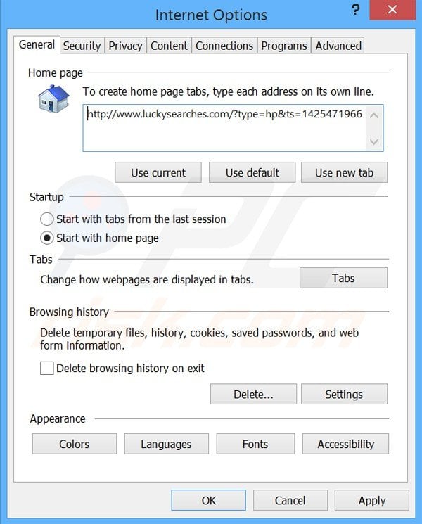 Eliminando luckysearches.com de la página de inicio de Internet Explorer