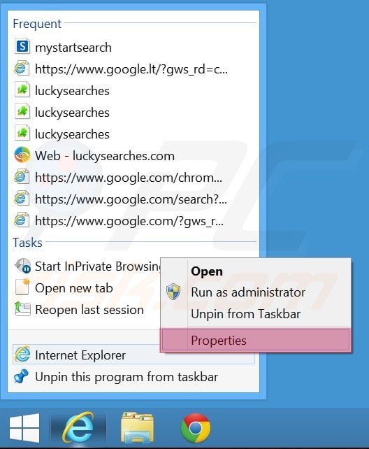 Eliminar luckysearches.com del destino del acceso directo de Internet Explorer paso 1