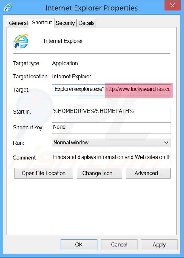 Eliminar luckysearches.com del destino del acceso directo de Internet Explorer paso 2