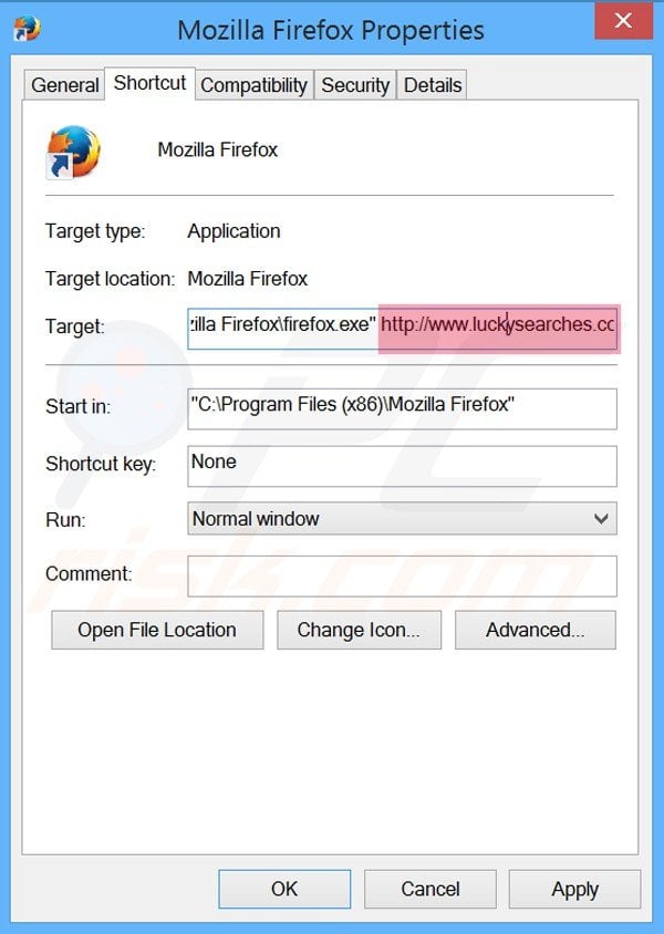 Eliminar luckysearches.com del destino del acceso directo de Mozilla Firefox paso 2