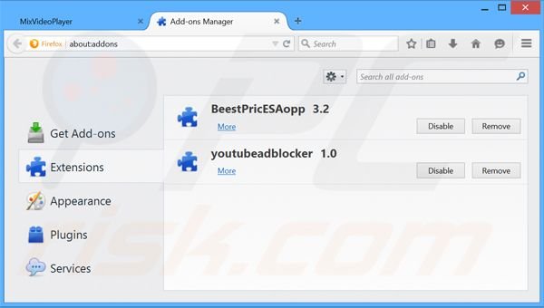 Eliminando los anuncios MixVideoPlayer de Mozilla Firefox paso 2
