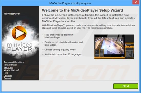 Instalador del software publicitario MixVideoPlayer: