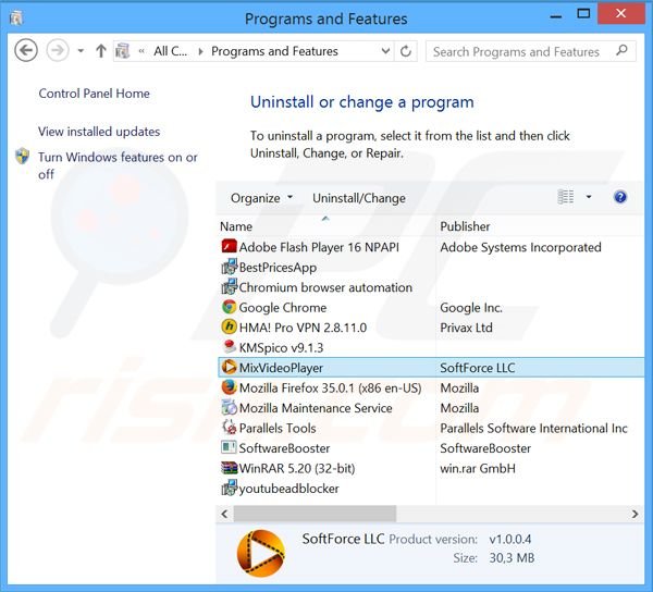 desinstalar el adware MixVideoPlayer del Panel de control