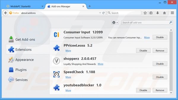 Eliminando los anuncios MobilePCStarterKit de Mozilla Firefox paso 2