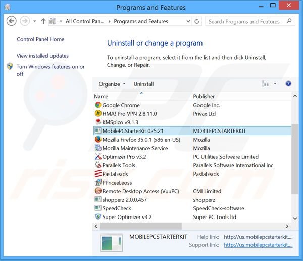 desinstalar el adware MobilePCStarterKit del Panel de control