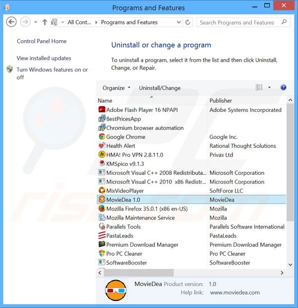 desinstalar el adware MovieDea del Panel de control