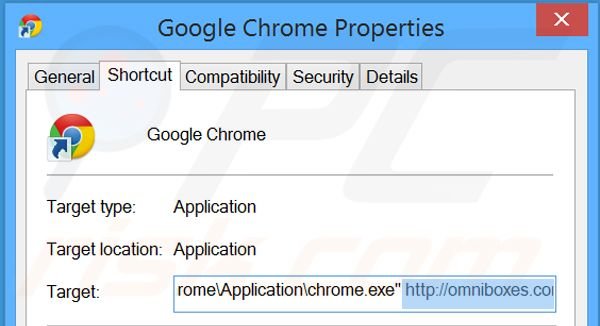Eliminar omniboxes.com del destino del acceso directo de Google Chrome paso 2