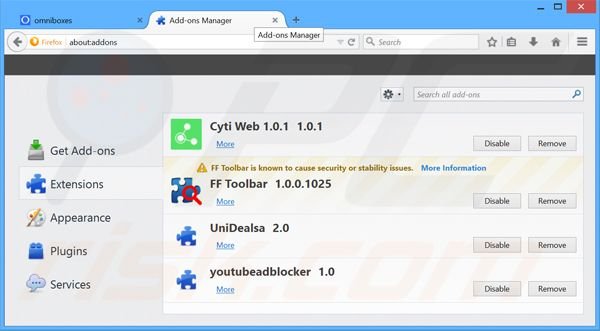 Eliminando omniboxes.com de las extensiones de Mozilla Firefox