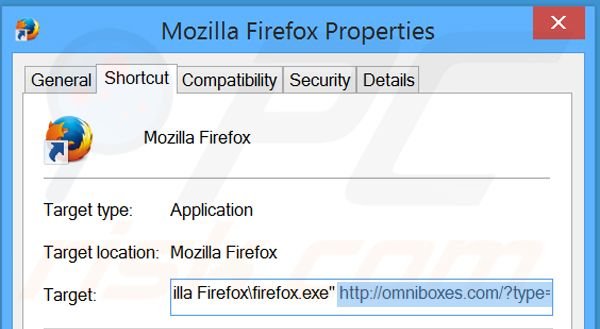 Eliminar omniboxes.com del destino del acceso directo de Mozilla Firefox paso 2