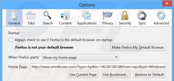 Eliminando omniboxes.com de la página de inicio de Mozilla Firefox