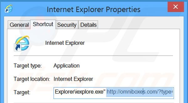 Eliminar omniboxes.com del destino del acceso directo de Internet Explorer paso 2
