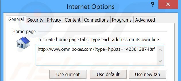 Eliminando omniboxes.com de la página de inicio de Internet Explorer