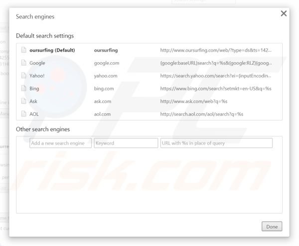 Eliminando oursurfing.com del motor de búsqueda por defecto de Google Chrome