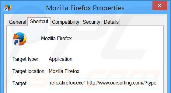 Eliminar oursurfing.com del destino del acceso directo de Mozilla Firefox paso 2