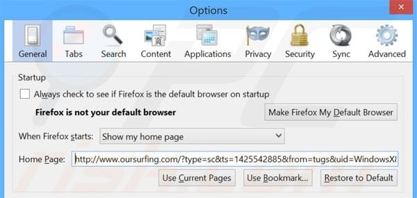Eliminando oursurfing.com de la página de inicio de Mozilla Firefox