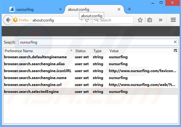 Eliminar oursurfing.com del motor de búsqueda por defecto de Mozilla Firefox 