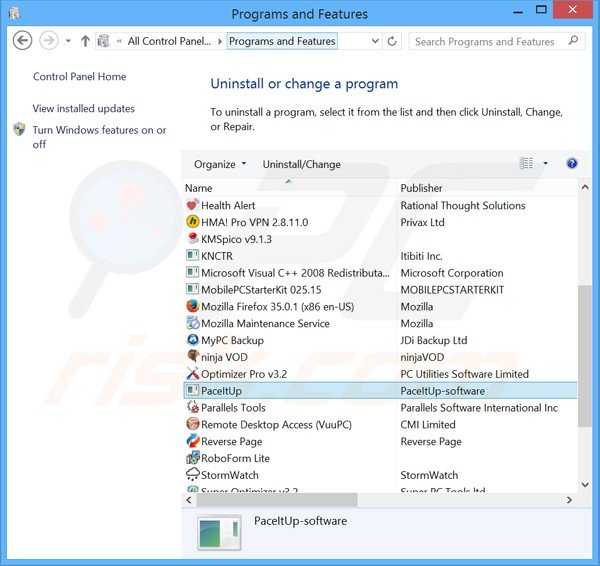 desinstalar el adware paceitup del Panel de control