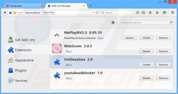 Eliminando los anuncios PastaLeads de Mozilla Firefox paso 2