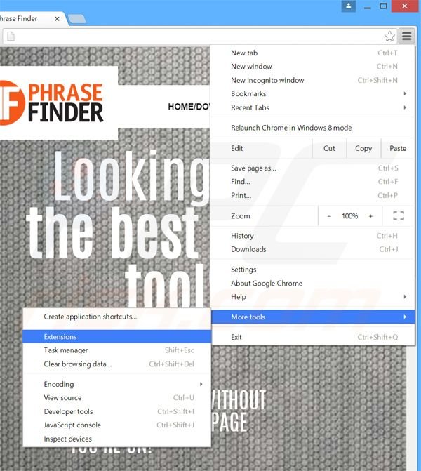 Eliminando los anuncios Phrase Finder de Google Chrome paso 1