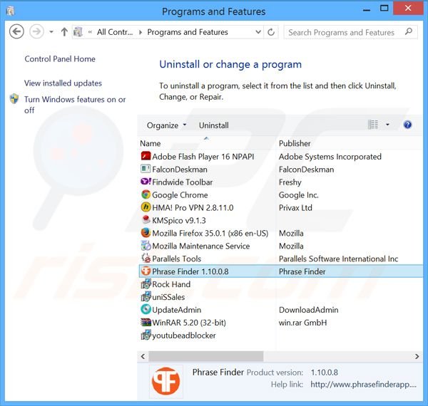 desinstalar el adware Phrase Finder del Panel de control