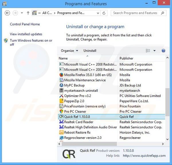 desinstalar el adware Quick Ref del Panel de control