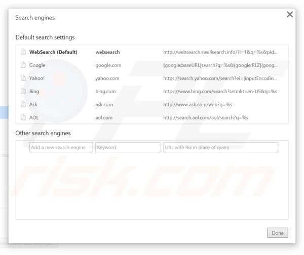 Eliminando websearch.swellsearch.info del motor de búsqueda por defecto de Google Chrome