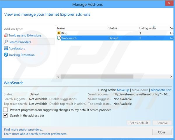 Eliminar websearch.swellsearch.info del motor de búsqueda por defecto de Internet Explorer