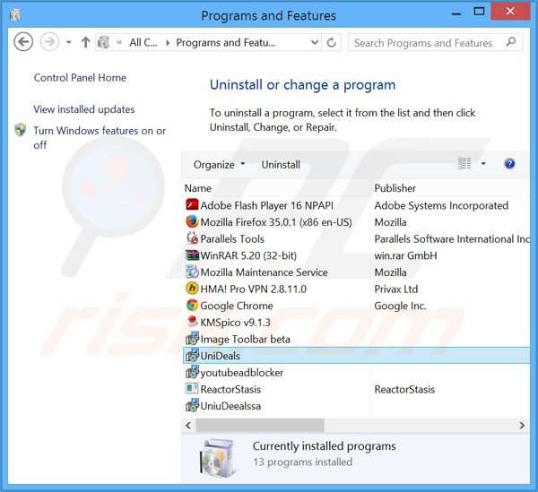 desinstalar el adware unideals del Panel de control