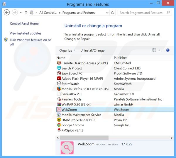 desinstalar el adware Web Zoom del Panel de control