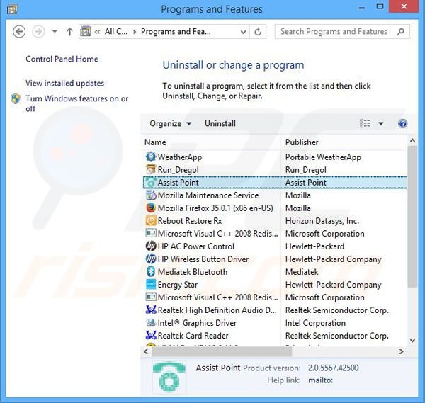 desinstalar el adware Assist Point del Panel de control