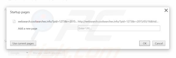 Eliminando websearch.coolsearches.info de la página de inicio de Google Chrome