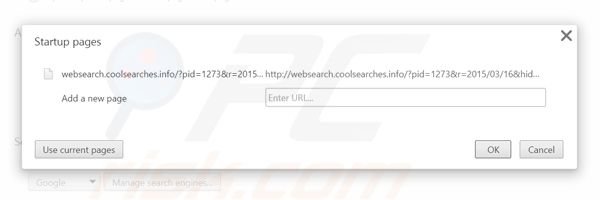 Eliminando websearch.coolsearches.info de la página de inicio de Google Chrome